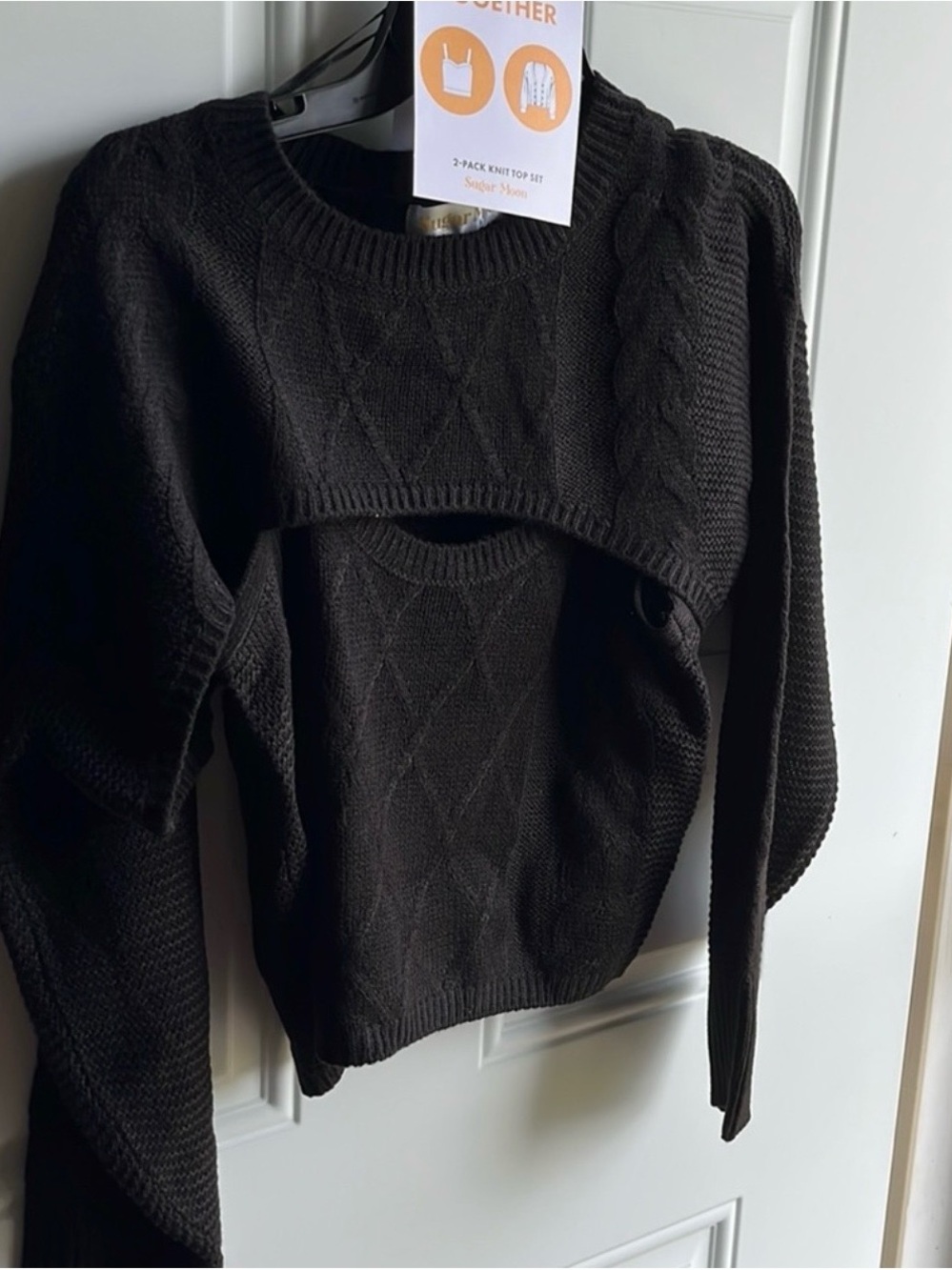 Black Layered Cable-Detail Crew Neck Sweater